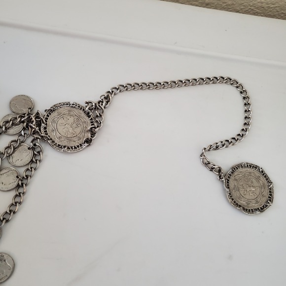 Vintage Silver Tone Multi Strand Coin Chain Belt Napoleon Empereur Boho Gypsy